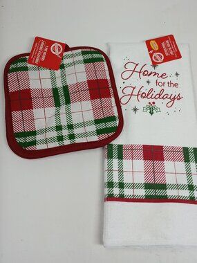Christmas Pot Holder & Kitchen Towel Set 100% Cotton Holiday Kitchen Decor